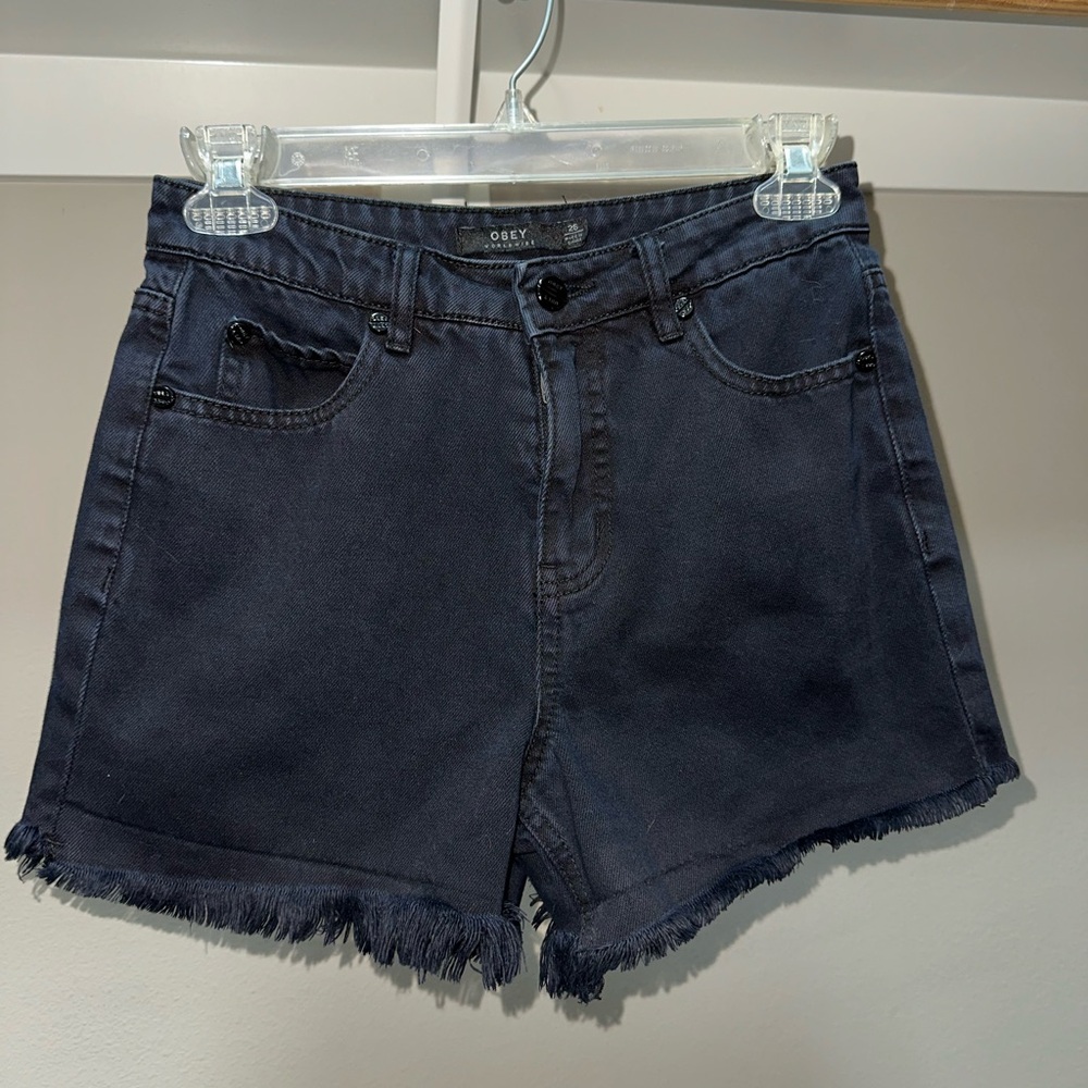 Obey Black Denim Frilled Shorts Size 26